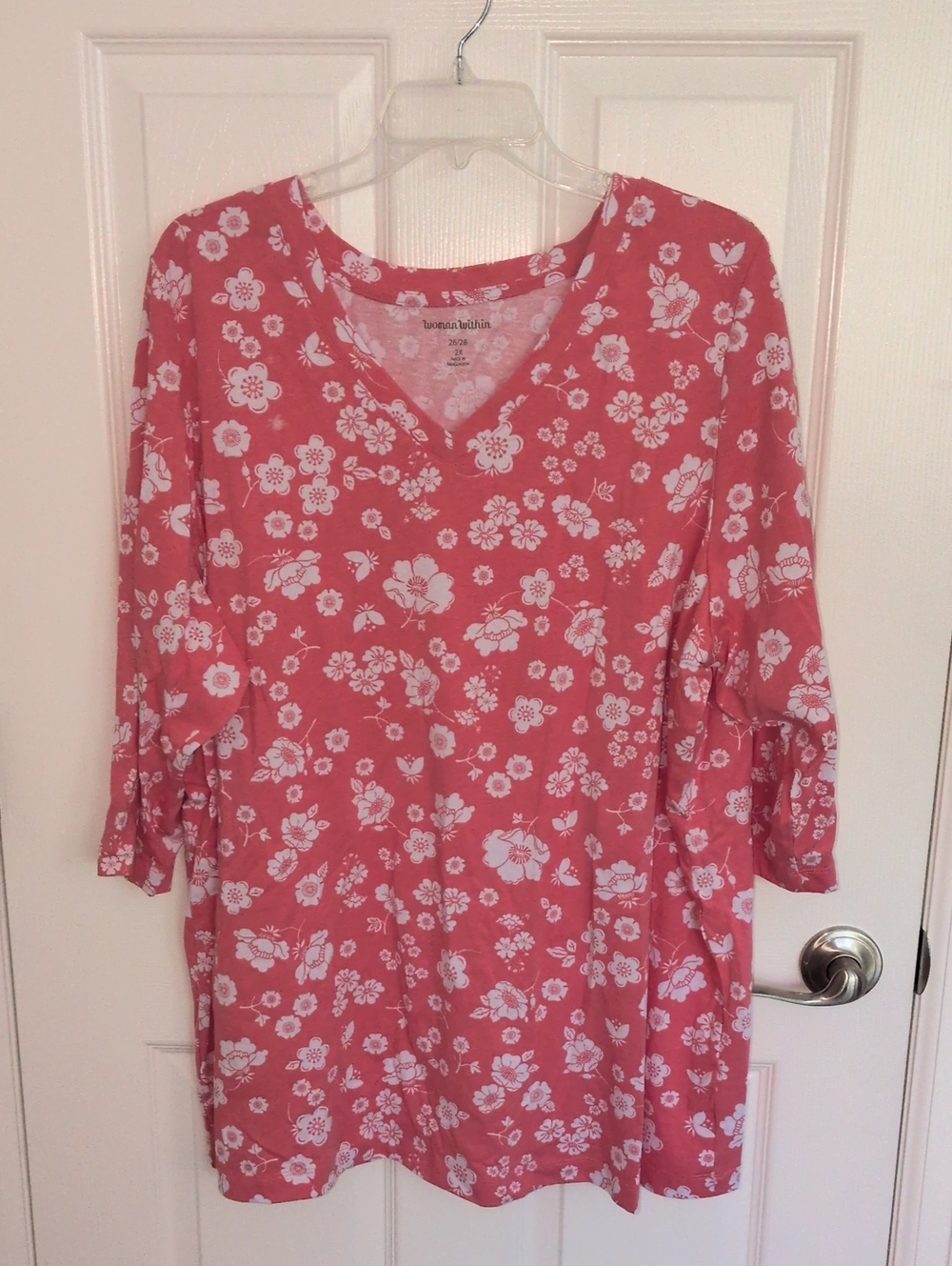 Woman Within Coral & White Floral 3/4 Sleeve Top - 2X 26/28